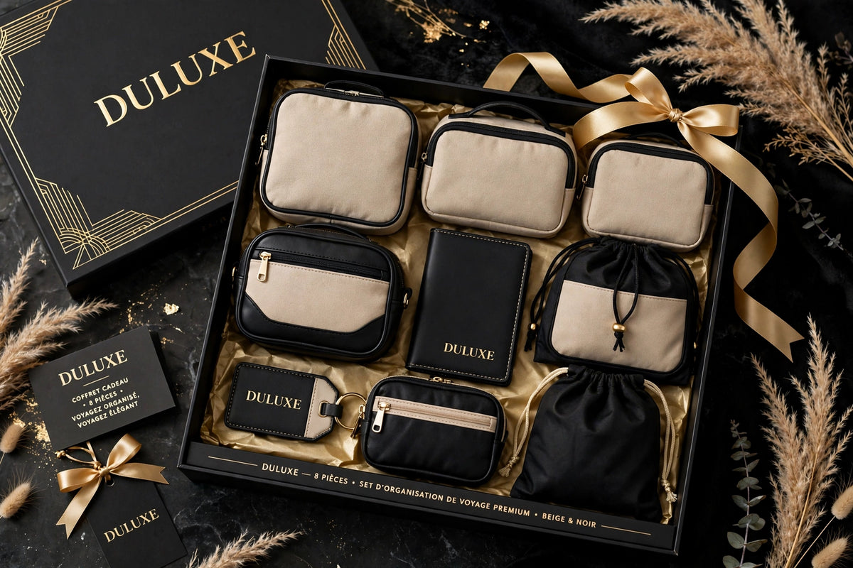 Coffret cadeau noir et doré DULUXE du set d'organisation de voyage premium