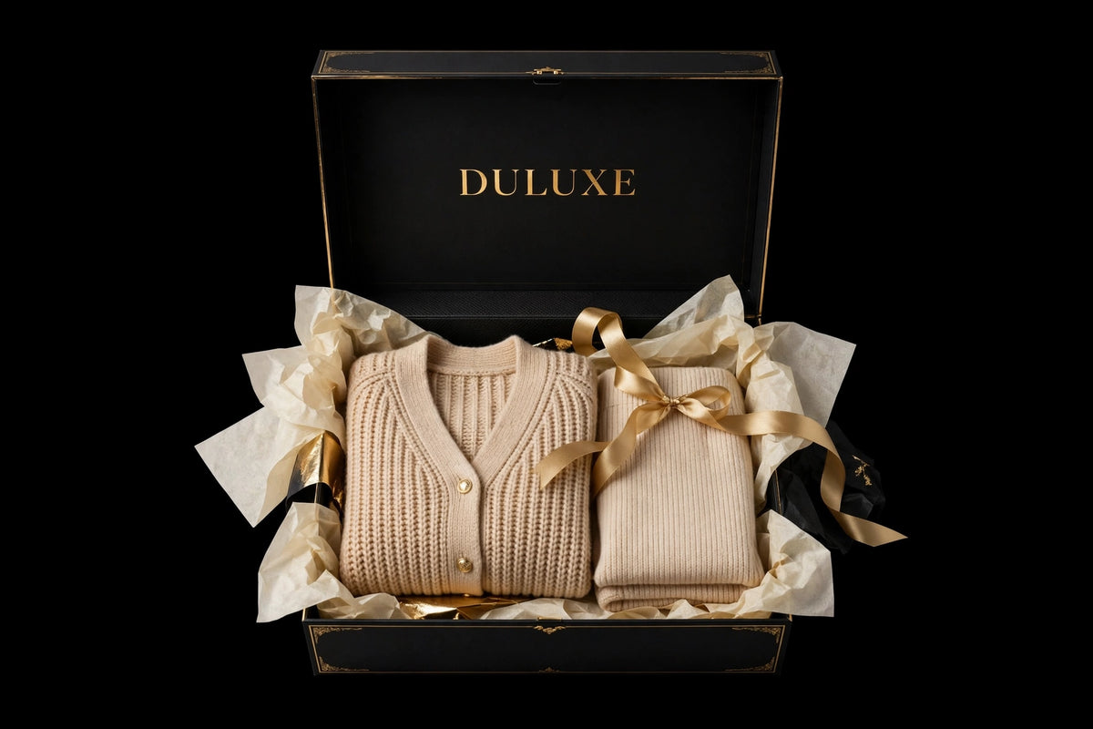 Coffret cadeau noir et doré DULUXE contenant l'ensemble cardigan 4 pièces pour femme en maille douce