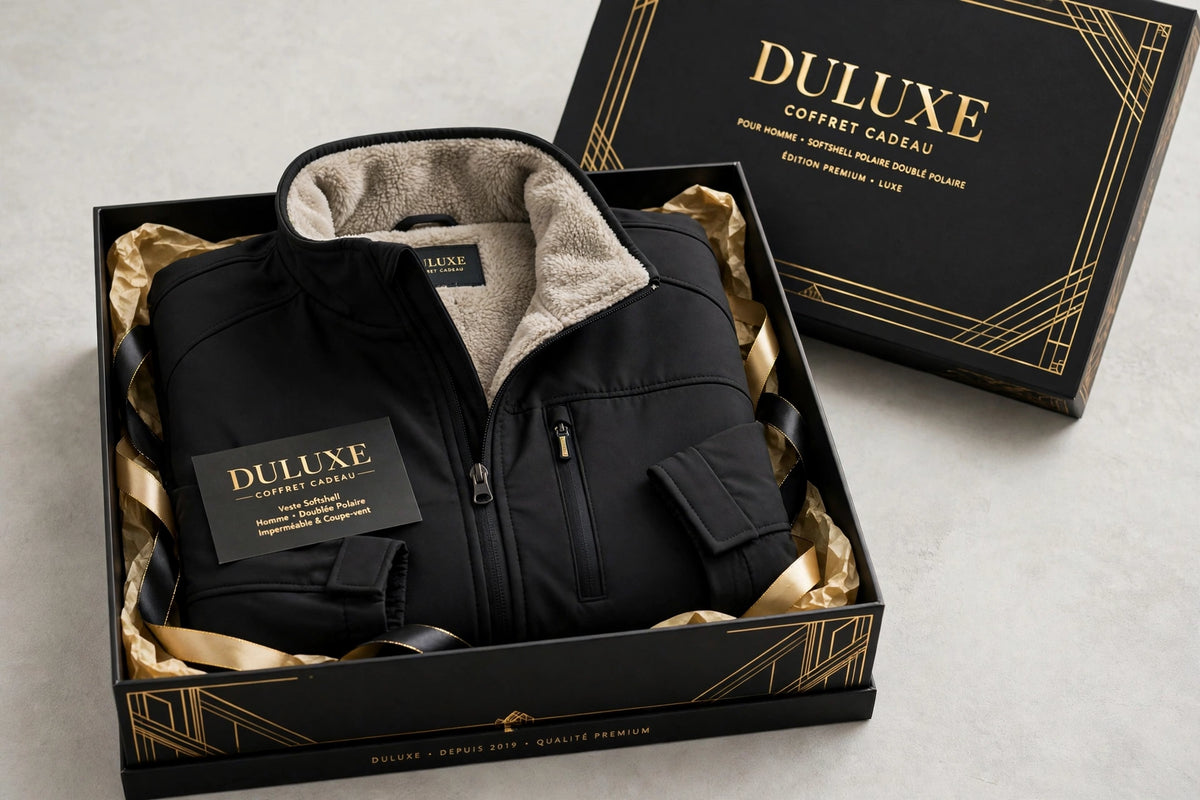 Présentation coffret cadeau noir et doré DULUXE avec la veste softshell homme