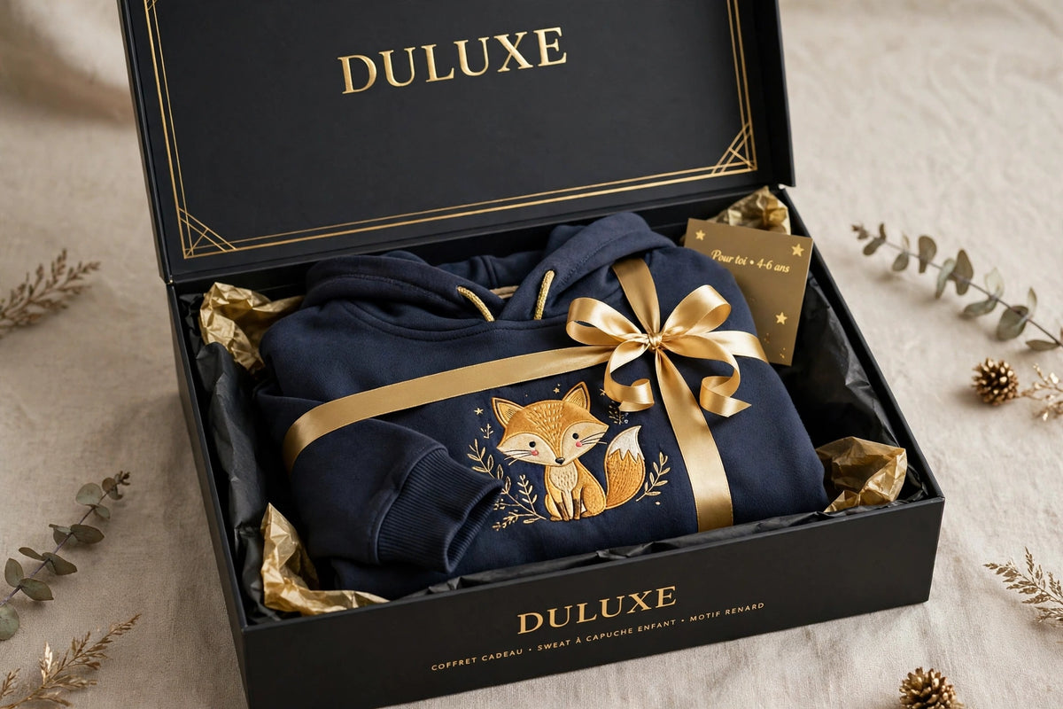 Présentation coffret cadeau noir et doré DULUXE avec le sweat à capuche enfant motif renard