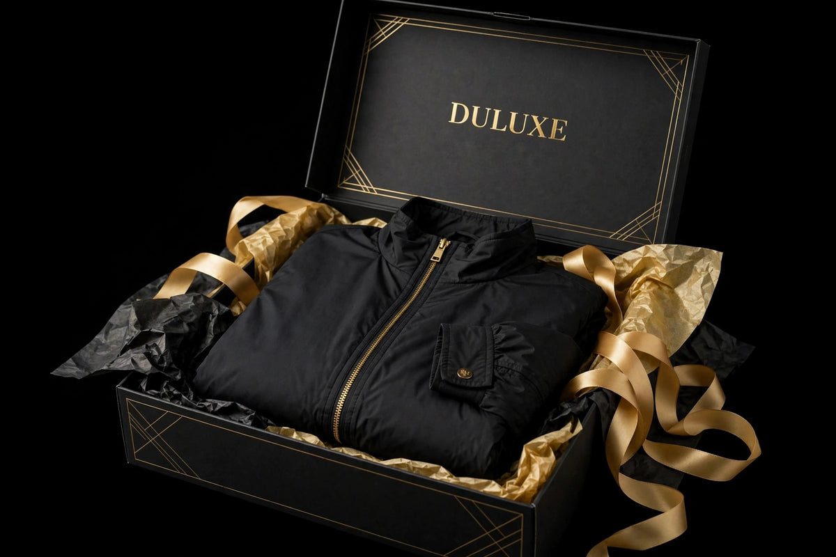 Coupe-vent noir DULUXE présenté dans un coffret cadeau noir et doré