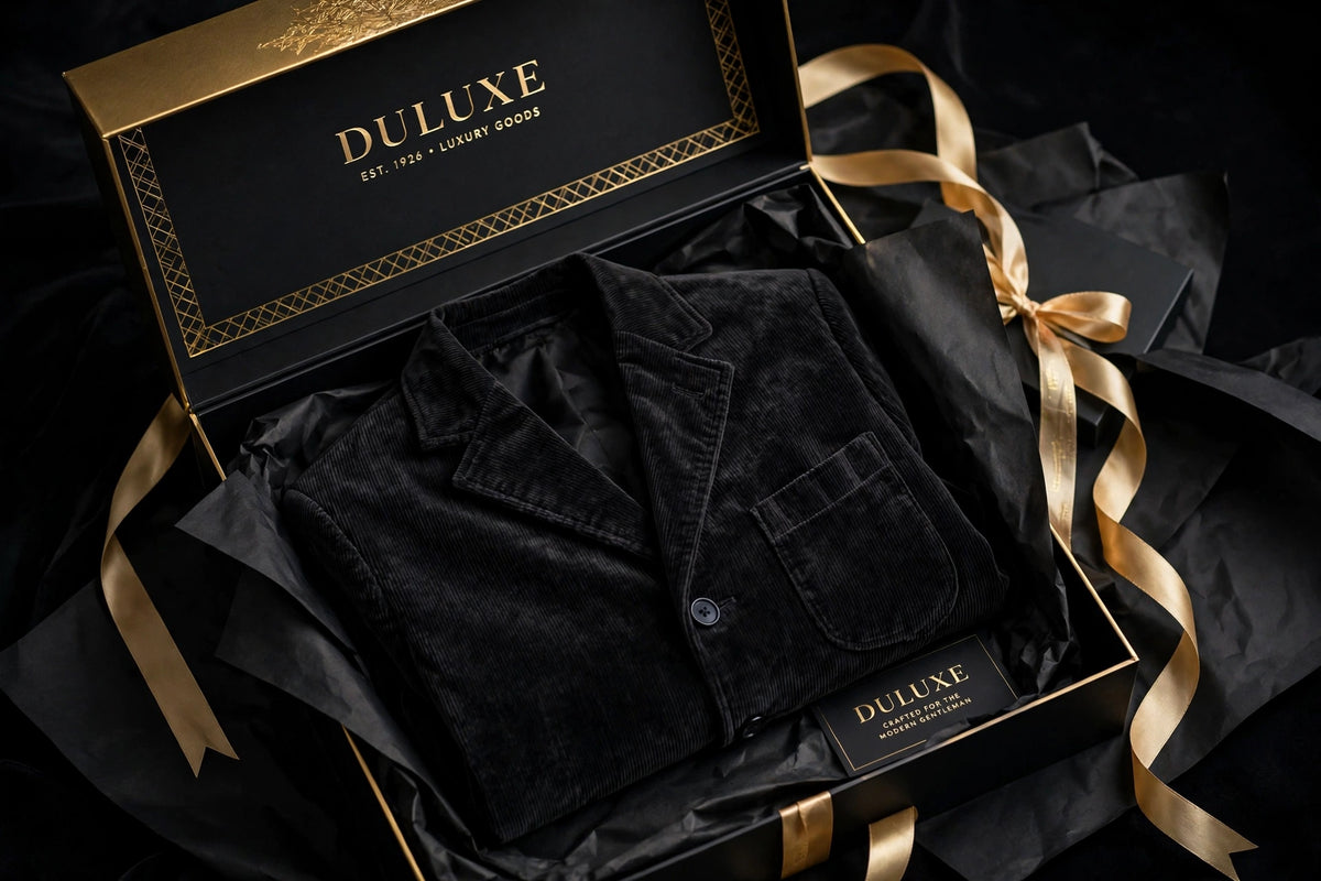 Veste en velours côtelé pour homme présentée dans un coffret cadeau noir et doré DULUXE