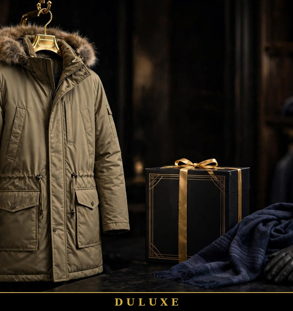 Parka long kaki DULUXE sur cintre doré à côté d'un coffret cadeau noir et or