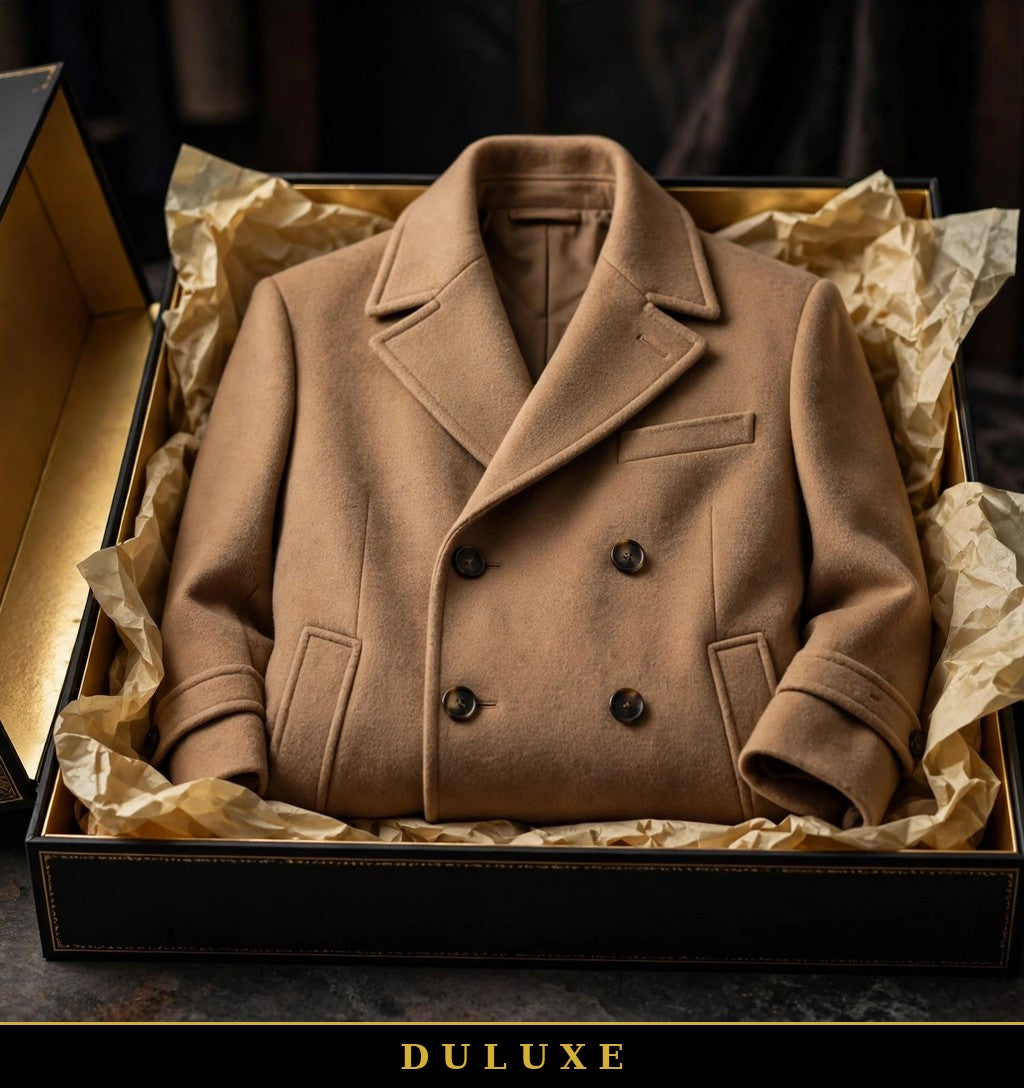 Manteau structuré camel DULUXE présenté dans un coffret cadeau noir et or