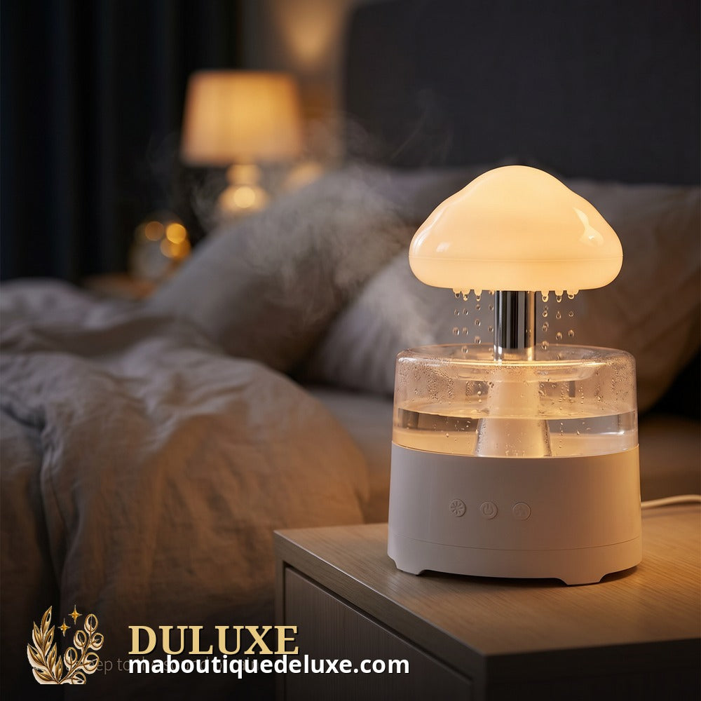 Humidificateur nuage de pluie avec brume légère sur une table de nuit