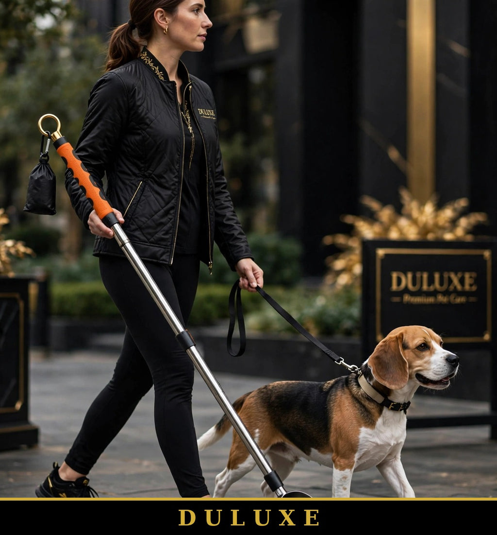 Personne promenant son beagle avec l'attrape-déjections DULUXE en gardant le dos droit