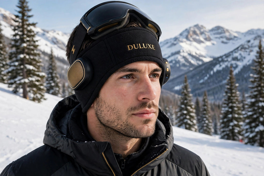 Bandeau de ski musical Bluetooth DULUXE noir porté par un skieur sur les pistes enneigées, visuel principal