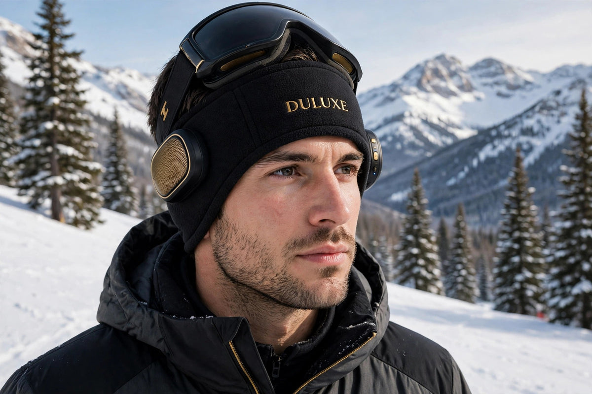Bandeau de ski musical Bluetooth DULUXE noir porté par un skieur sur les pistes enneigées, visuel principal