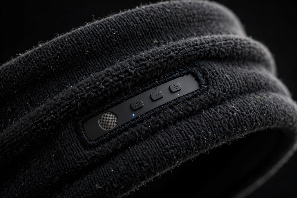 Gros plan sur le haut-parleur fin intégré et amovible du bandeau de ski musical Bluetooth DULUXE, tissu extensible