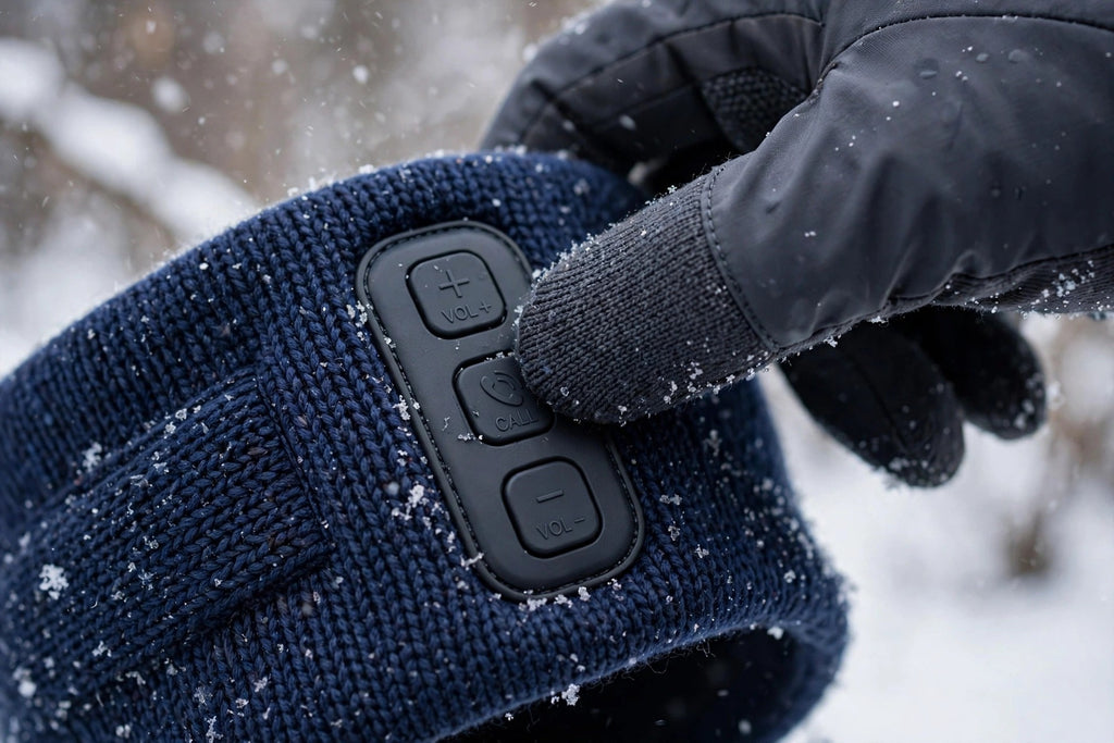 Gros plan sur les boutons de contrôle du bandeau de ski musical Bluetooth DULUXE bleu marine, main gantée dans la neige