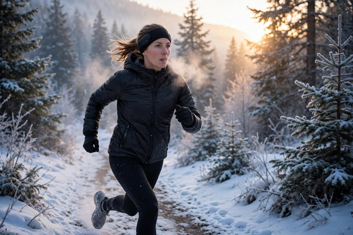 Bandeau de ski musical Bluetooth DULUXE noir porté en course hivernale sur un sentier enneigé au lever du soleil