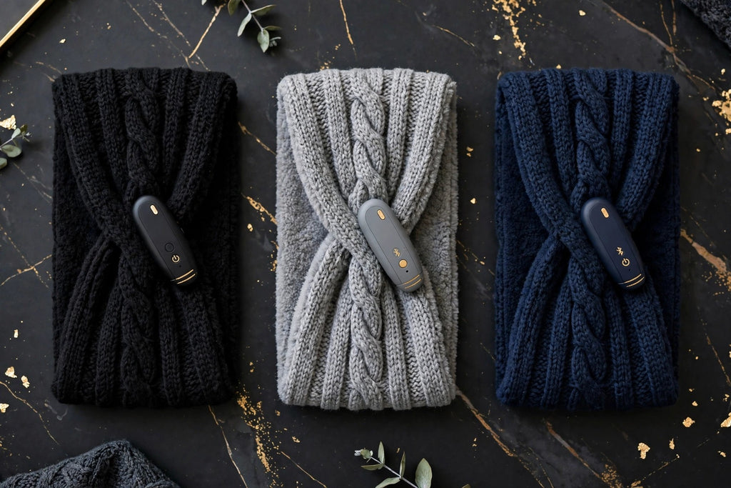 Bandeaux de ski musicaux Bluetooth DULUXE en trois couleurs à plat : noir, gris et bleu marine