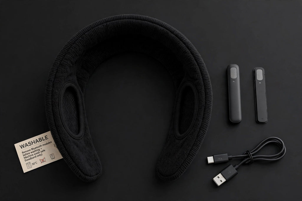 Modules haut-parleurs amovibles du bandeau de ski musical Bluetooth DULUXE retirés à côté du bandeau et du câble USB, bandeau lavable
