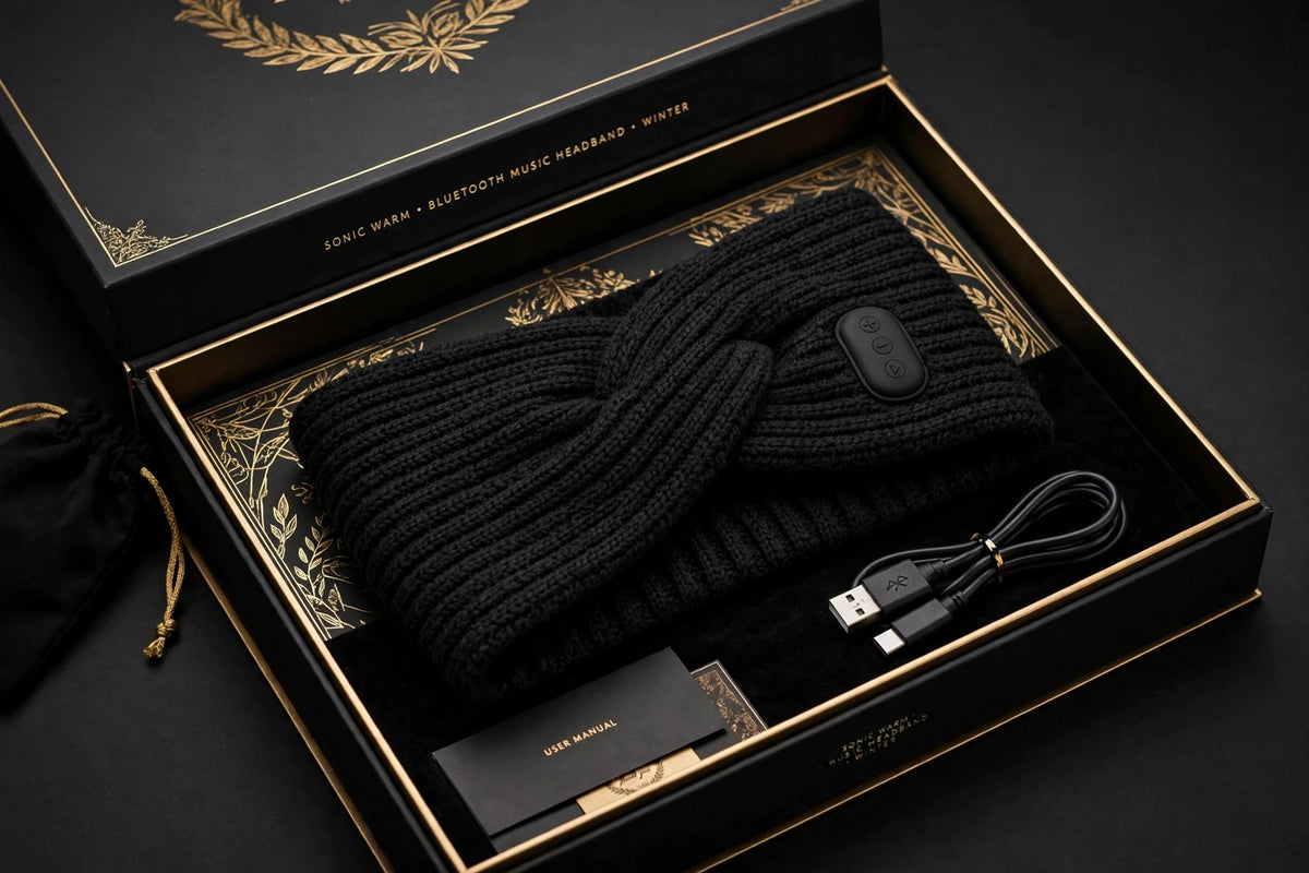 Bandeau de ski musical Bluetooth DULUXE noir présenté en coffret cadeau noir et or avec câble USB, emballage soigné