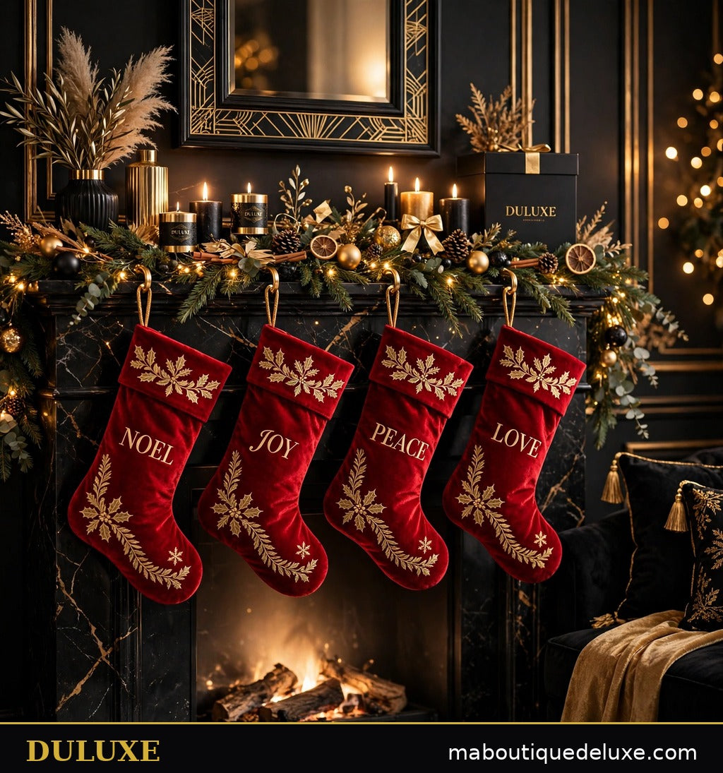 Bas de Noël à accrocher DULUXE en velours rouge et or accrochés à une cheminée décorée, visuel principal