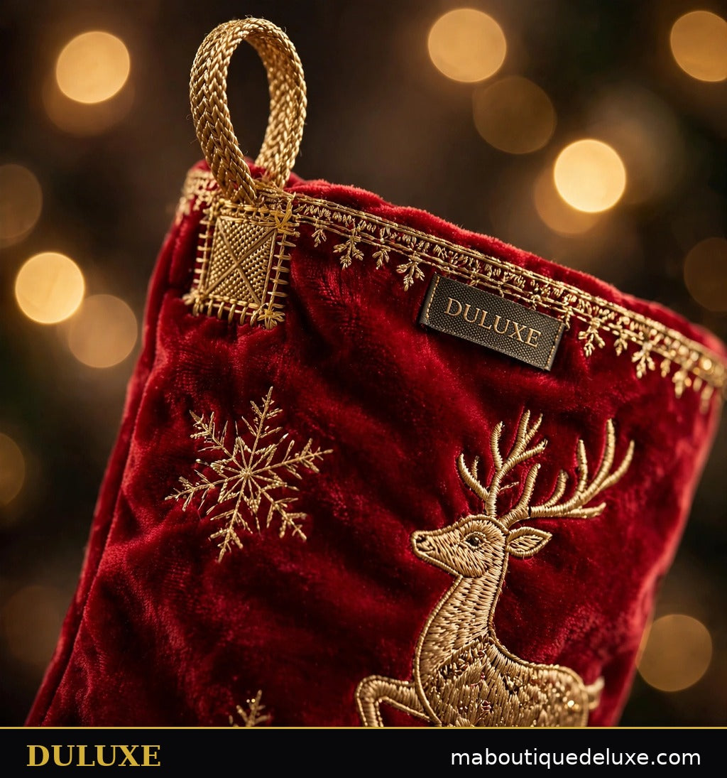 Gros plan sur le velours doux et la broderie dorée des bas de Noël DULUXE, finition premium