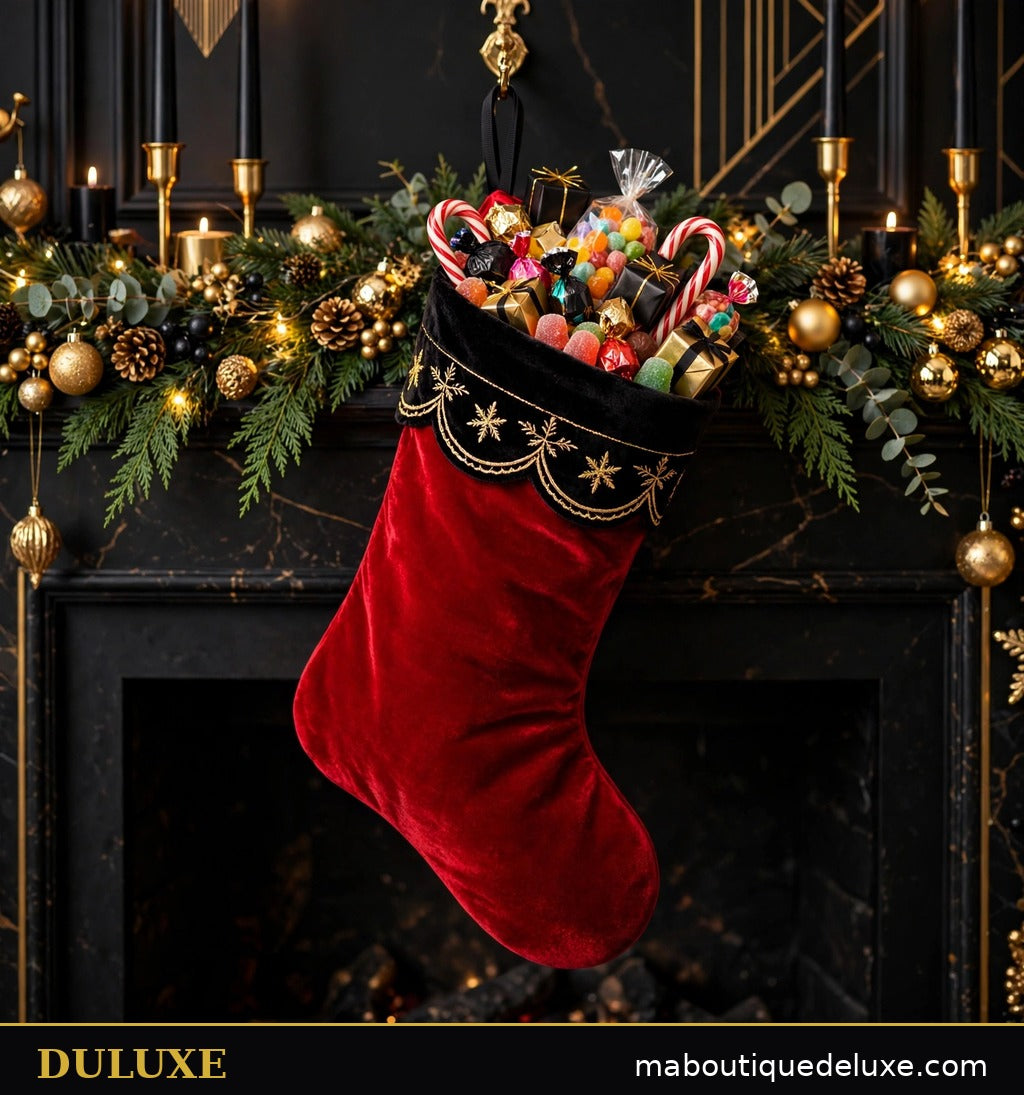 Bas de Noël DULUXE rempli de bonbons et de petits cadeaux près de la cheminée décorée