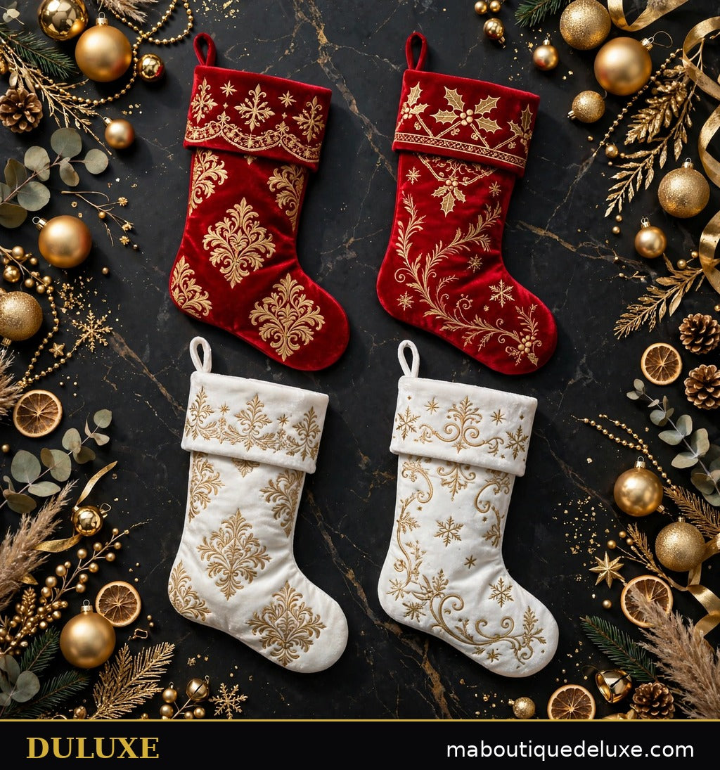 Lot de 4 bas de Noël DULUXE à plat, styles rouge et or et blanc et doré bien visibles