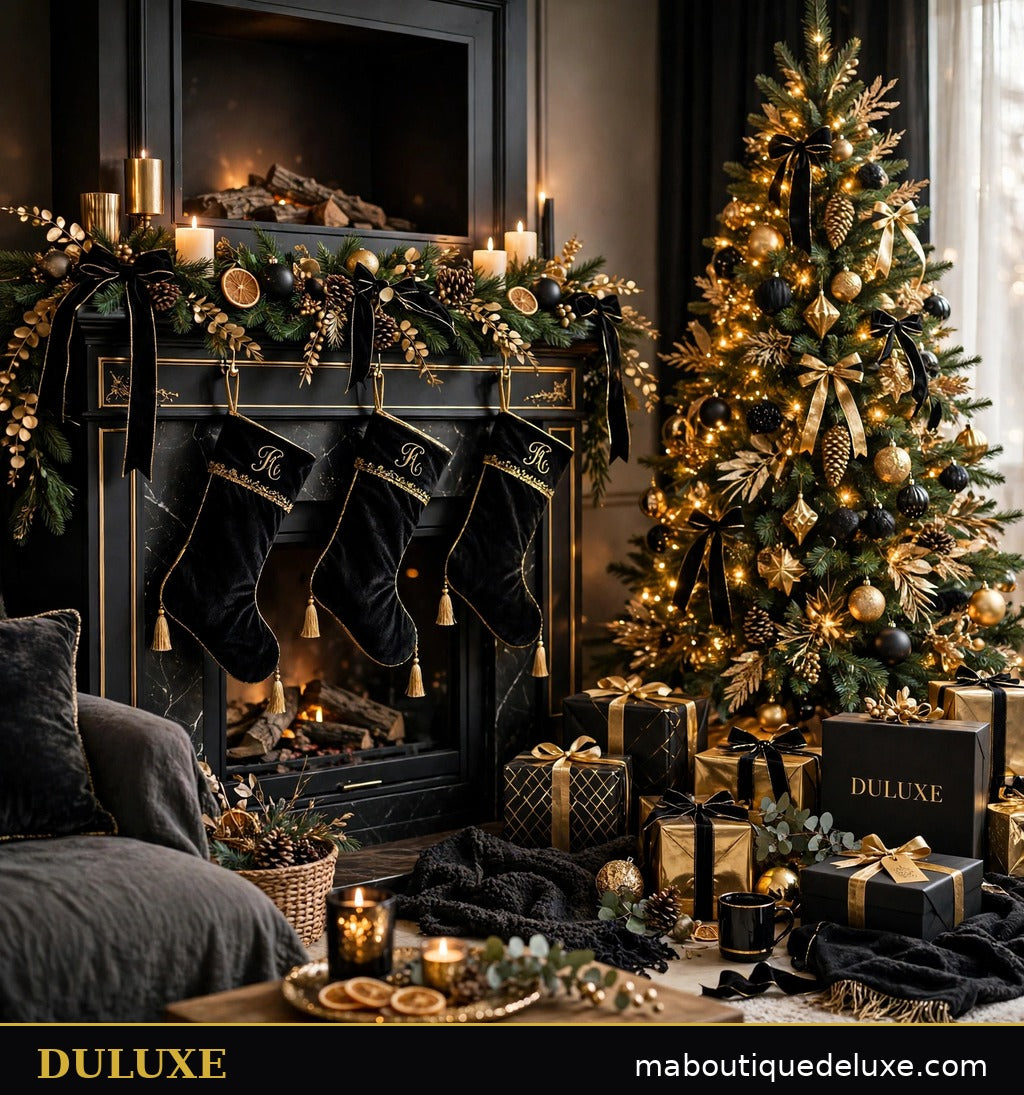 Cheminée féerique de Noël avec bas en velours DULUXE, sapin et cadeaux à proximité