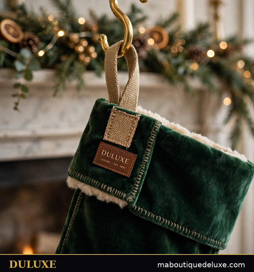 Détail de la boucle d'accrochage renforcée des bas de Noël DULUXE sur la cheminée