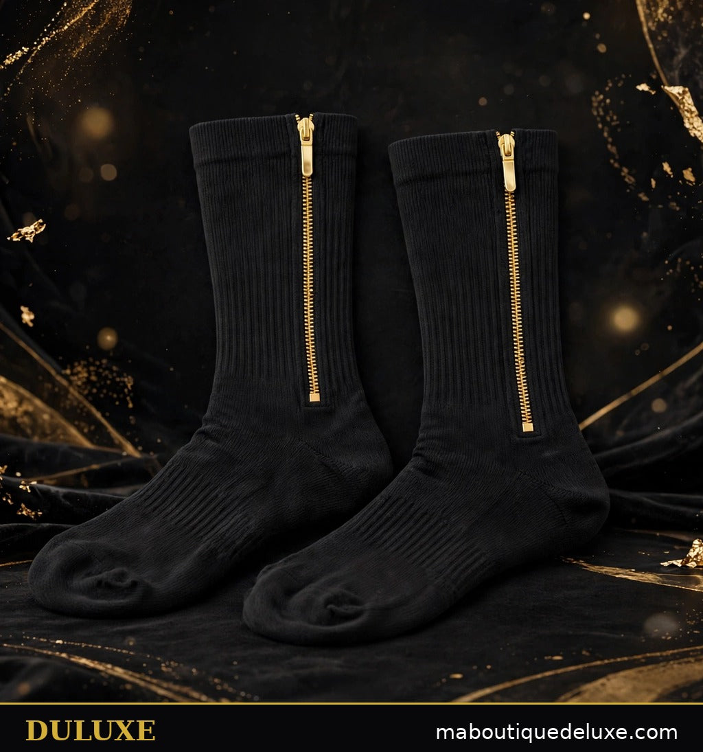 Bas de compression zippés DULUXE noirs à fermeture éclair dorée, présentation premium sur fond sombre