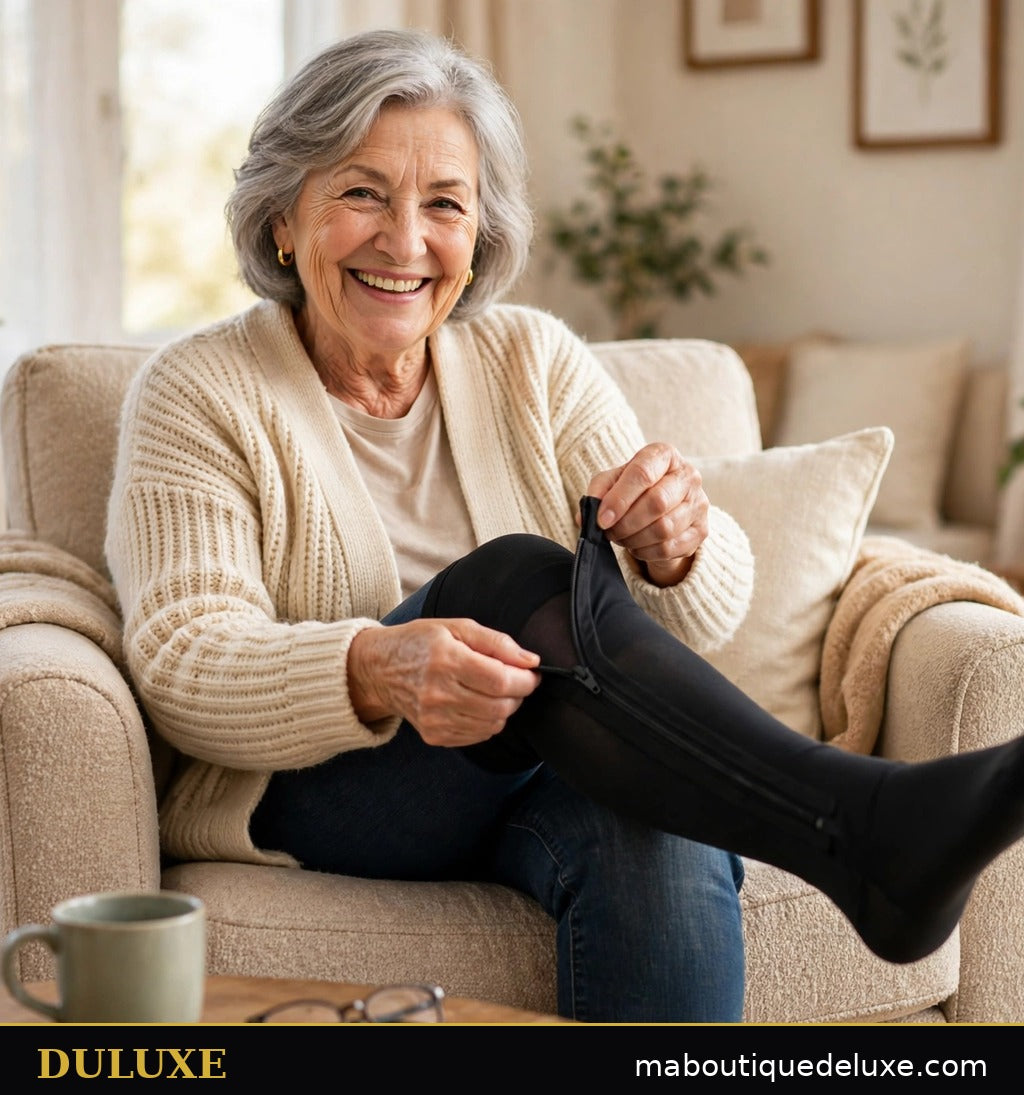 Femme senior qui enfile facilement son bas de compression zippé DULUXE assise dans un fauteuil