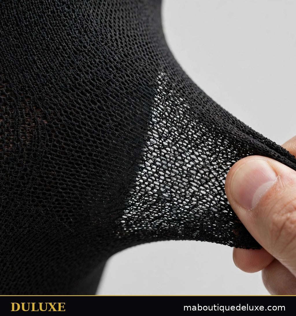 Détail de la maille élastique respirante des bas de compression zippés DULUXE étirée à la main