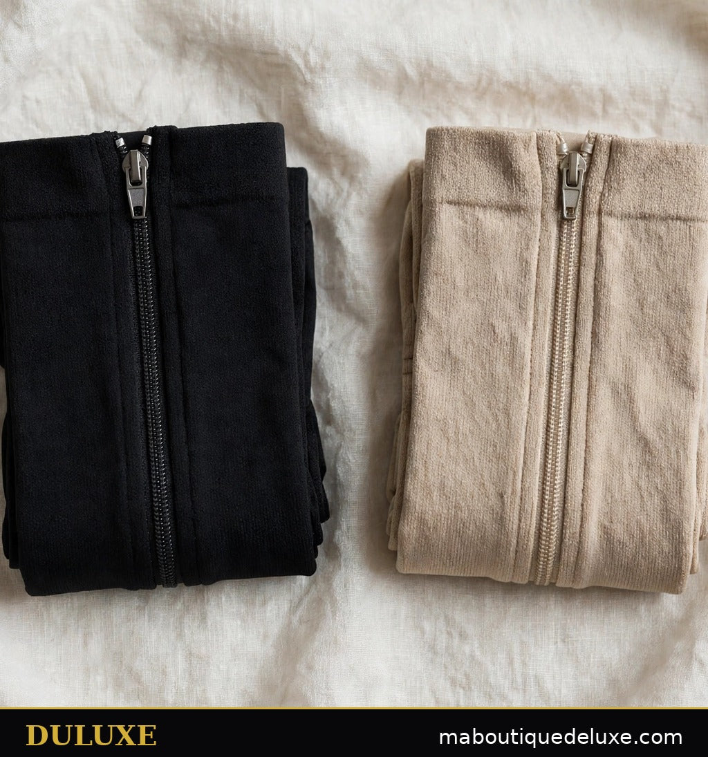 Lot de deux paires de bas de compression zippés DULUXE, noir et beige, soigneusement pliées