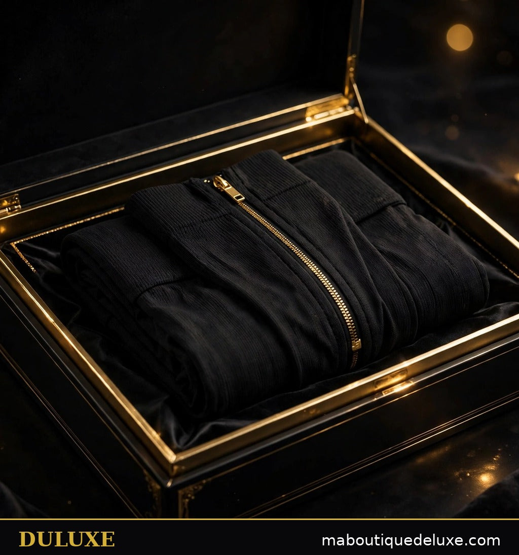 Coffret DULUXE noir et doré avec une paire de bas de compression zippés, présentation cadeau premium