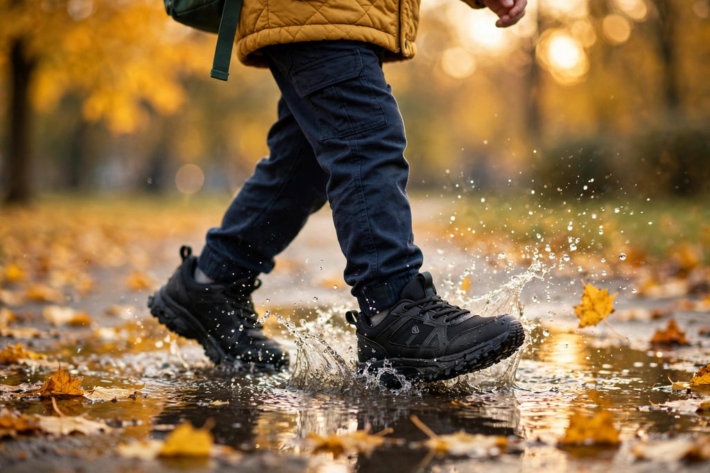 Enfant marchant dans une flaque en automne avec les baskets imperméables DULUXE
