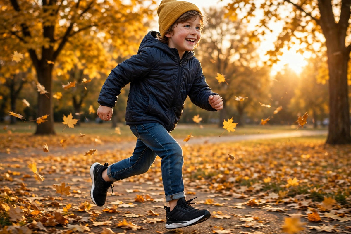 Enfant courant dans un parc en automne avec les baskets légères DULUXE