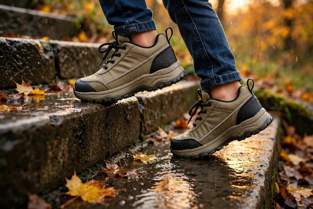 Pieds d'enfant en baskets DULUXE montant des marches mouillées