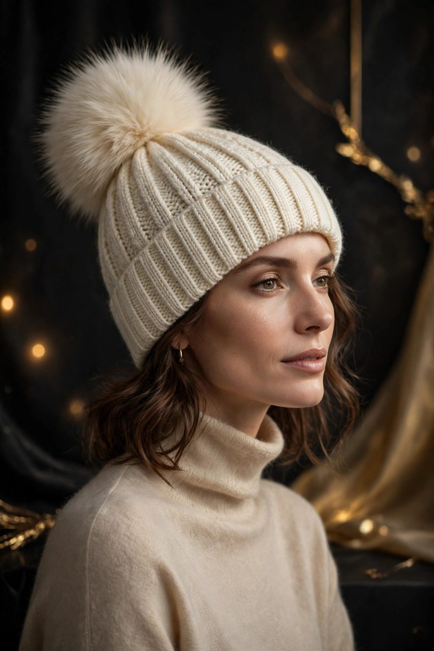Bonnet tricoté crème à pompon fausse fourrure doublé polaire DULUXE porté par une femme élégante, visuel principal sur fond studio sombre aux accents dorés