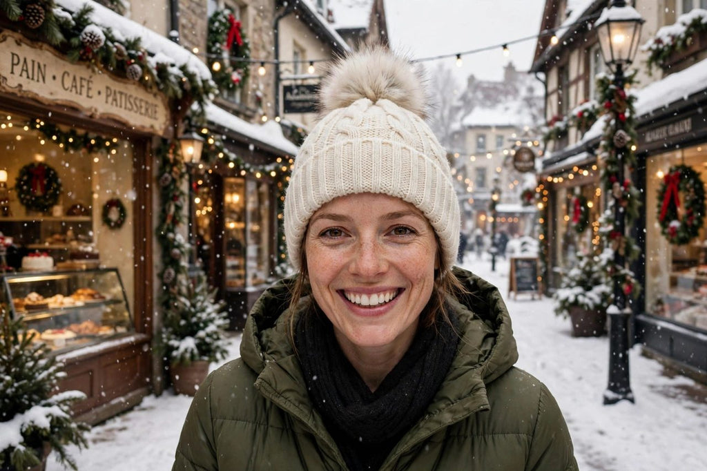 Bonnet crème à pompon DULUXE porté par une femme souriante dans une rue enneigée décorée pour les fêtes