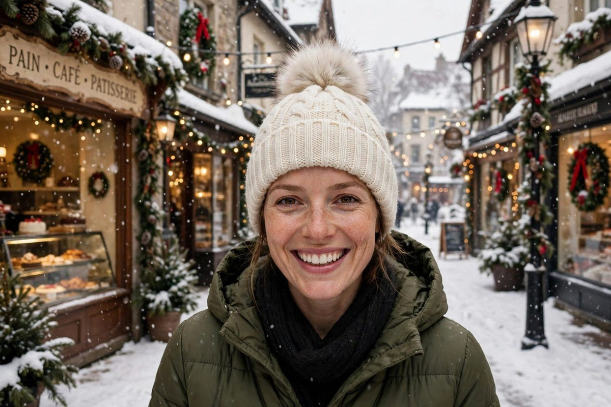 Bonnet crème à pompon DULUXE porté par une femme souriante dans une rue enneigée décorée pour les fêtes