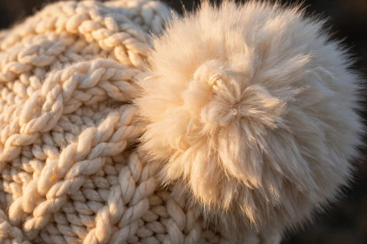 Gros plan du tricot douillet et du pompon en fausse fourrure du bonnet DULUXE pour femme