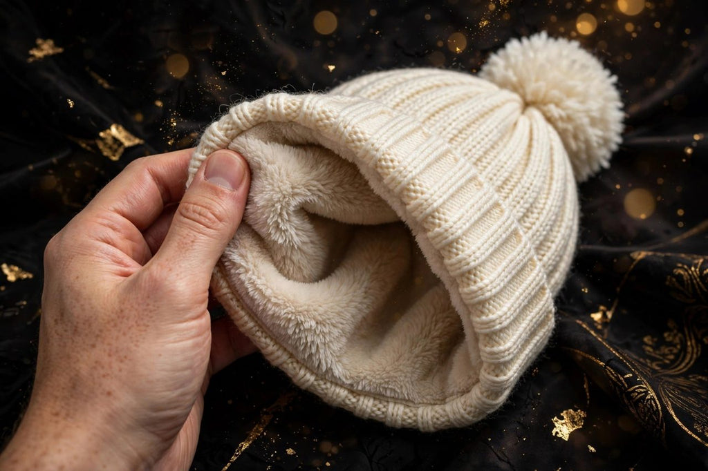 Main montrant la doublure polaire chaude à l'intérieur du bonnet crème à pompon DULUXE