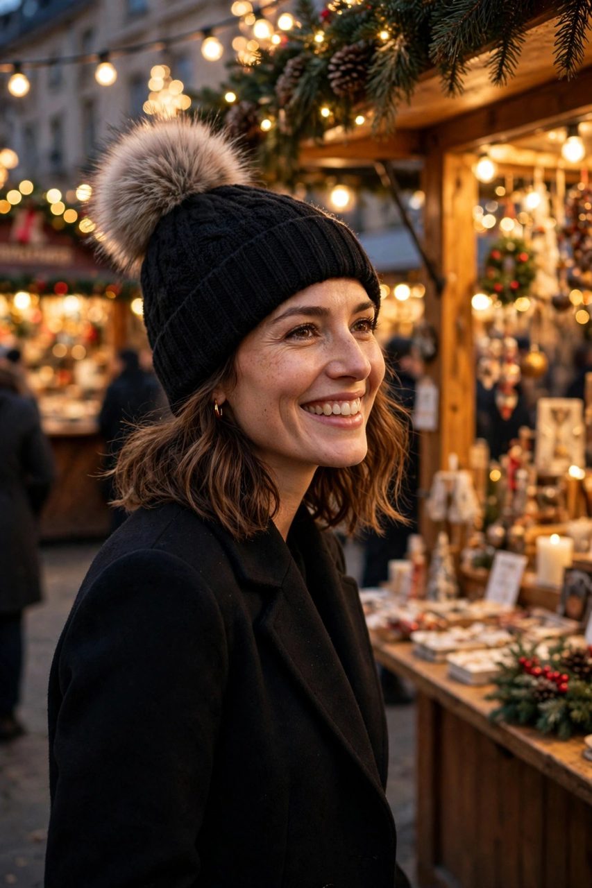 Bonnet noir à pompon DULUXE porté par une femme à un marché de Noël en soirée