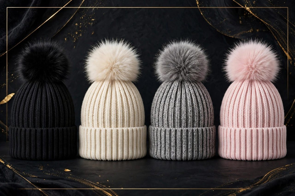 Quatre bonnets à pompon DULUXE alignés : noir, crème, gris chiné et rose poudré, présentation des coloris
