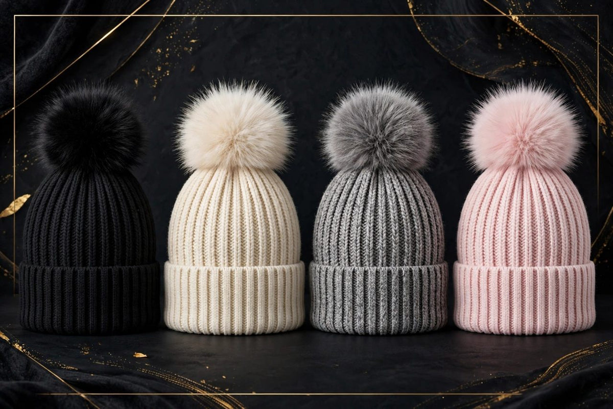 Quatre bonnets à pompon DULUXE alignés : noir, crème, gris chiné et rose poudré, présentation des coloris
