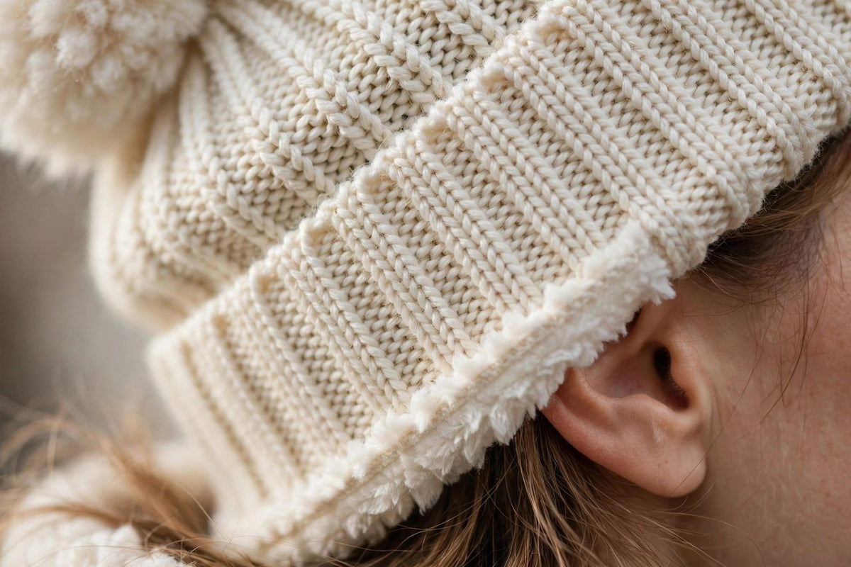Gros plan du revers côtelé du bonnet crème à pompon DULUXE couvrant bien l'oreille