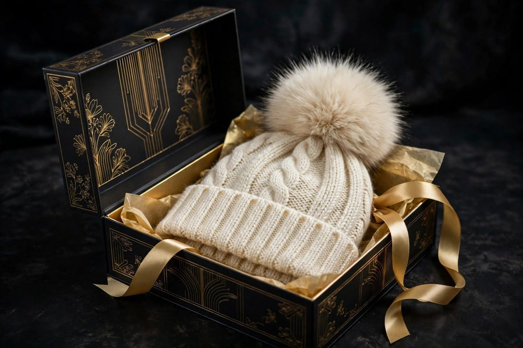Bonnet crème à pompon DULUXE présenté dans un coffret cadeau noir et doré prêt à offrir