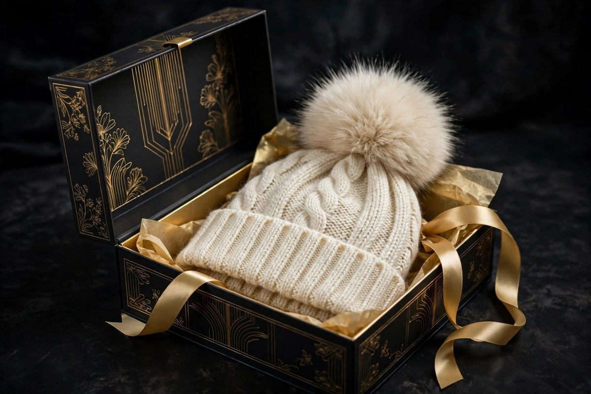 Bonnet crème à pompon DULUXE présenté dans un coffret cadeau noir et doré prêt à offrir
