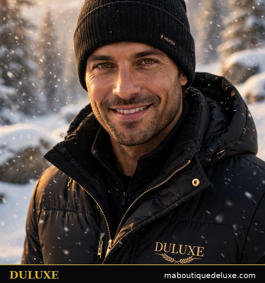 Bonnet chauffant rechargeable noir pour homme DULUXE porté en hiver, visuel principal