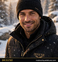 Bonnet chauffant rechargeable noir pour homme DULUXE porté en hiver, visuel principal