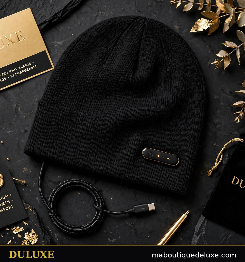 Bonnet chauffant DULUXE noir présenté à plat, finition noire et dorée
