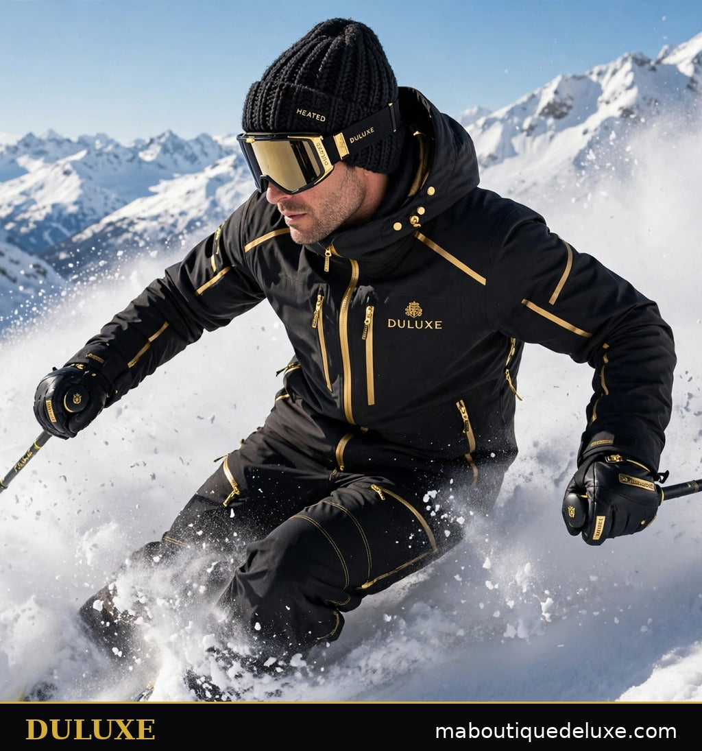 Homme au ski portant le bonnet chauffant rechargeable DULUXE en montagne enneigée