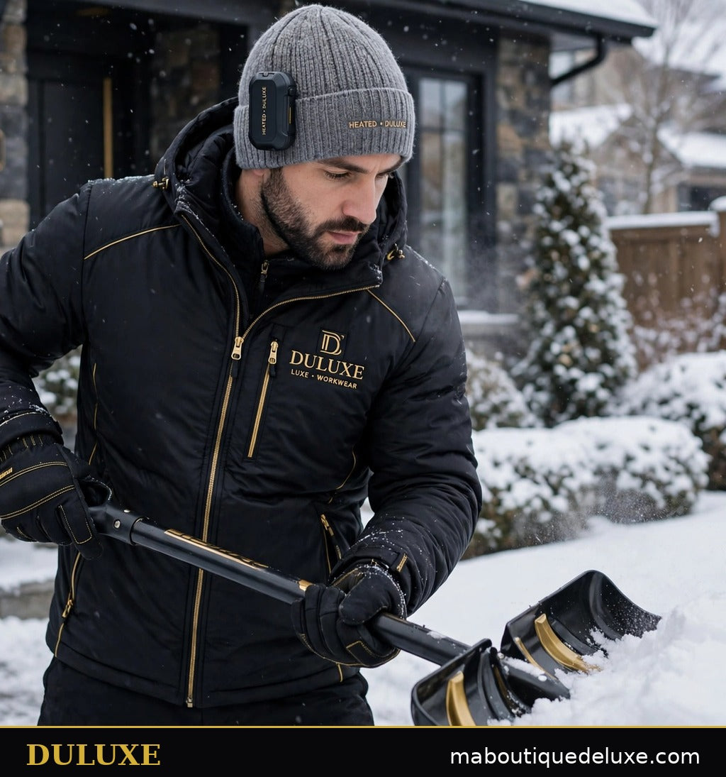 Homme au travail extérieur en hiver portant le bonnet chauffant DULUXE gris anthracite