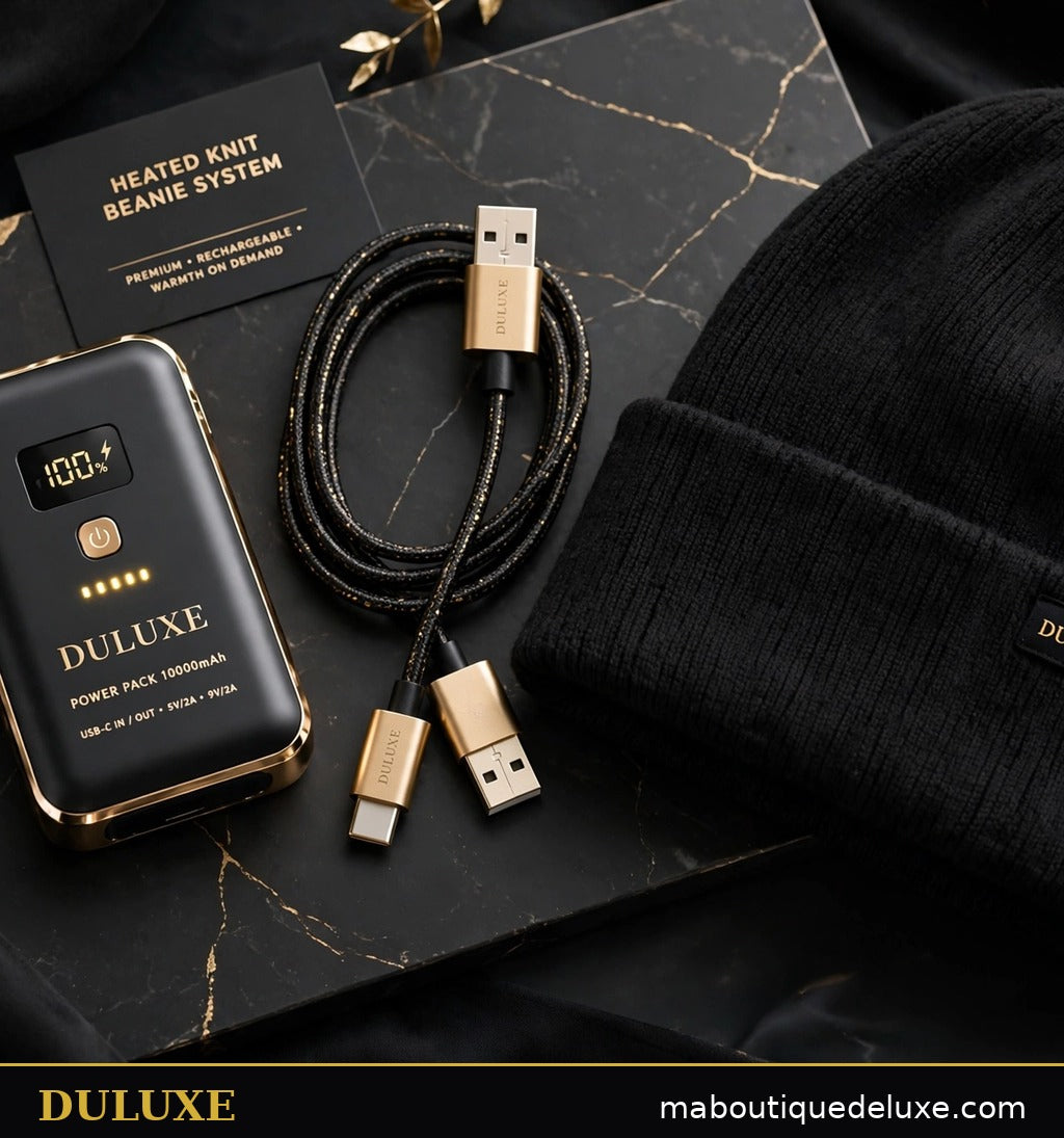 Batterie rechargeable et câble USB du bonnet chauffant DULUXE présentés à côté du bonnet