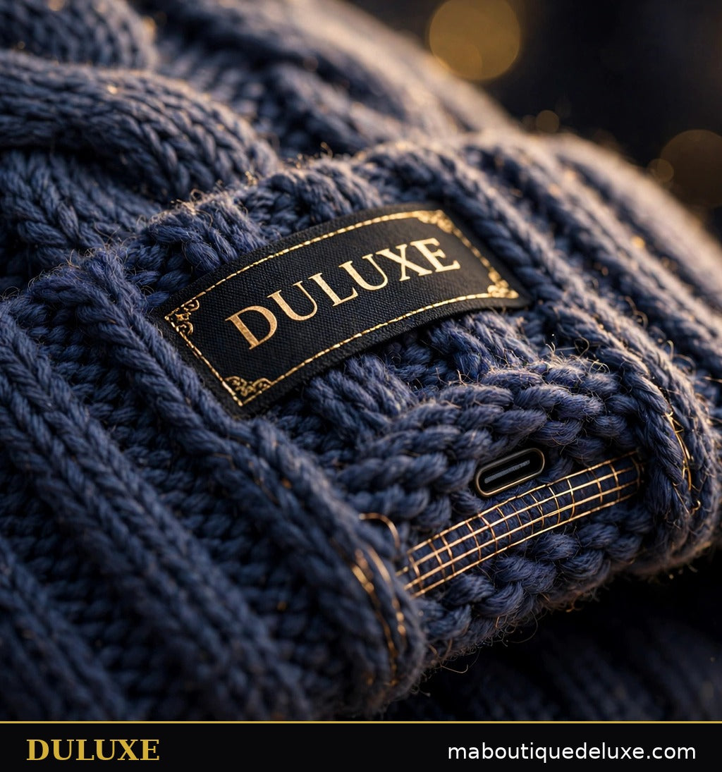 Détail de la maille chaude et douce du bonnet chauffant DULUXE bleu marine